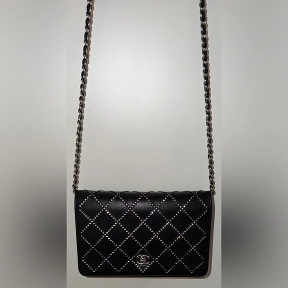 Chanel black Swarovski crystal woc wallet on a chain mini flap classic cc RARE - Picture 1 of 15